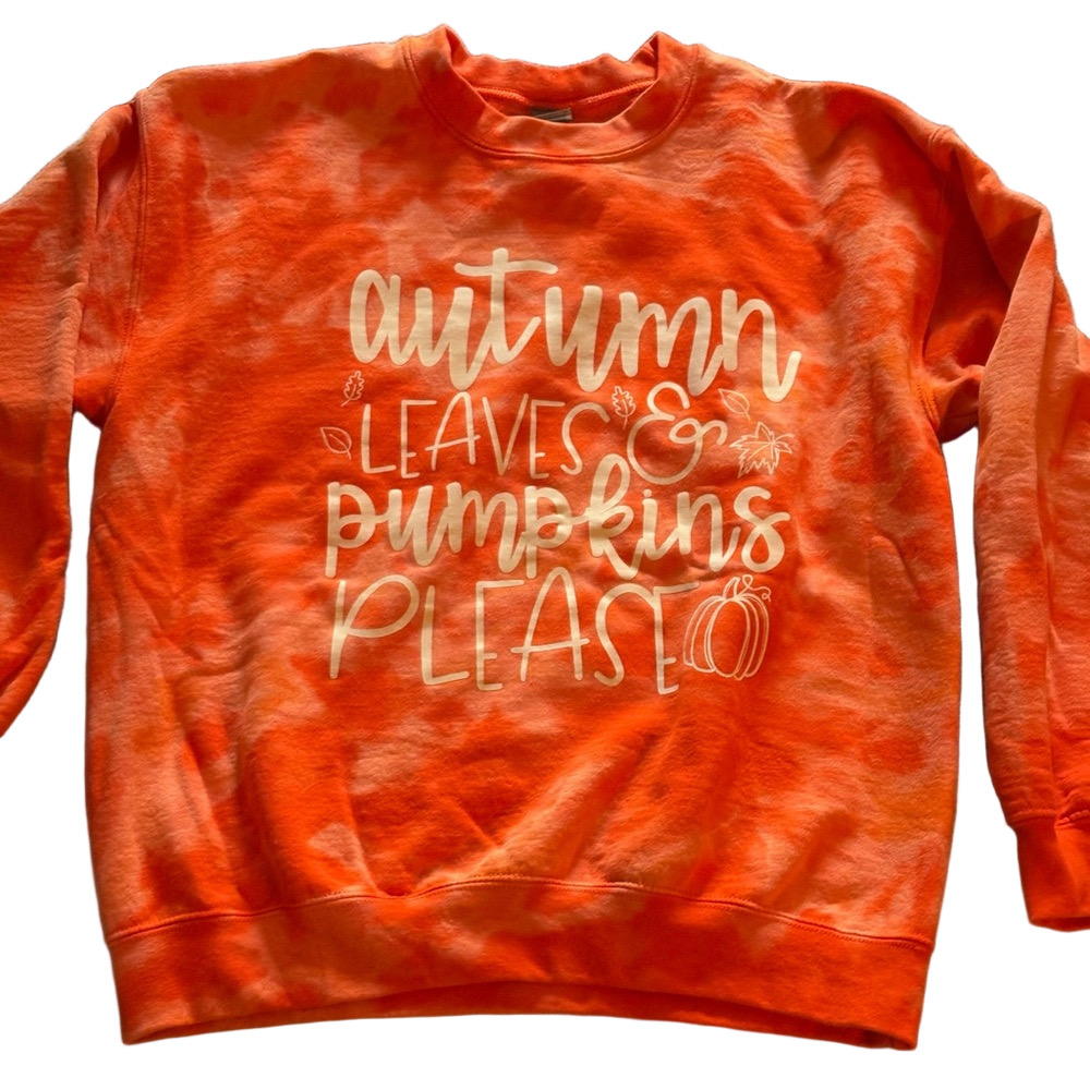 Autumn Leaves & Pumpkins Please Womens Orange Sweatshirt Medium Fall Tie Dye
